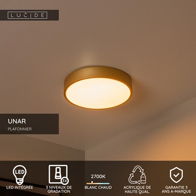 Lucide UNAR - Plafonnier - Ø 30 cm - LED 3 StepDim - 1x18W 2700K - Or Mat / Laiton